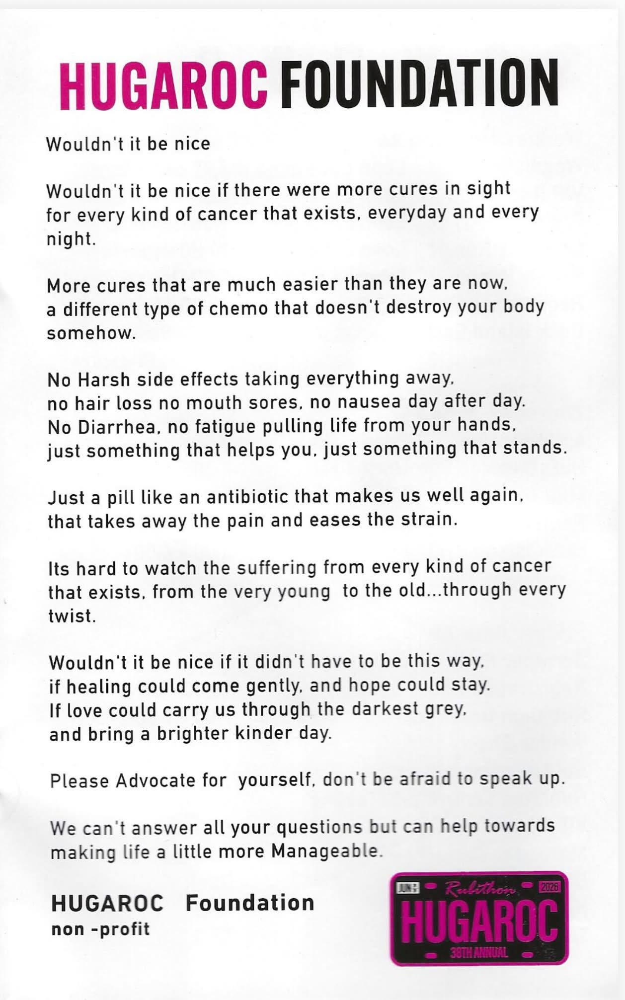 HUGAROC Foundation flyer featuring the poem Wouldn't it be nice