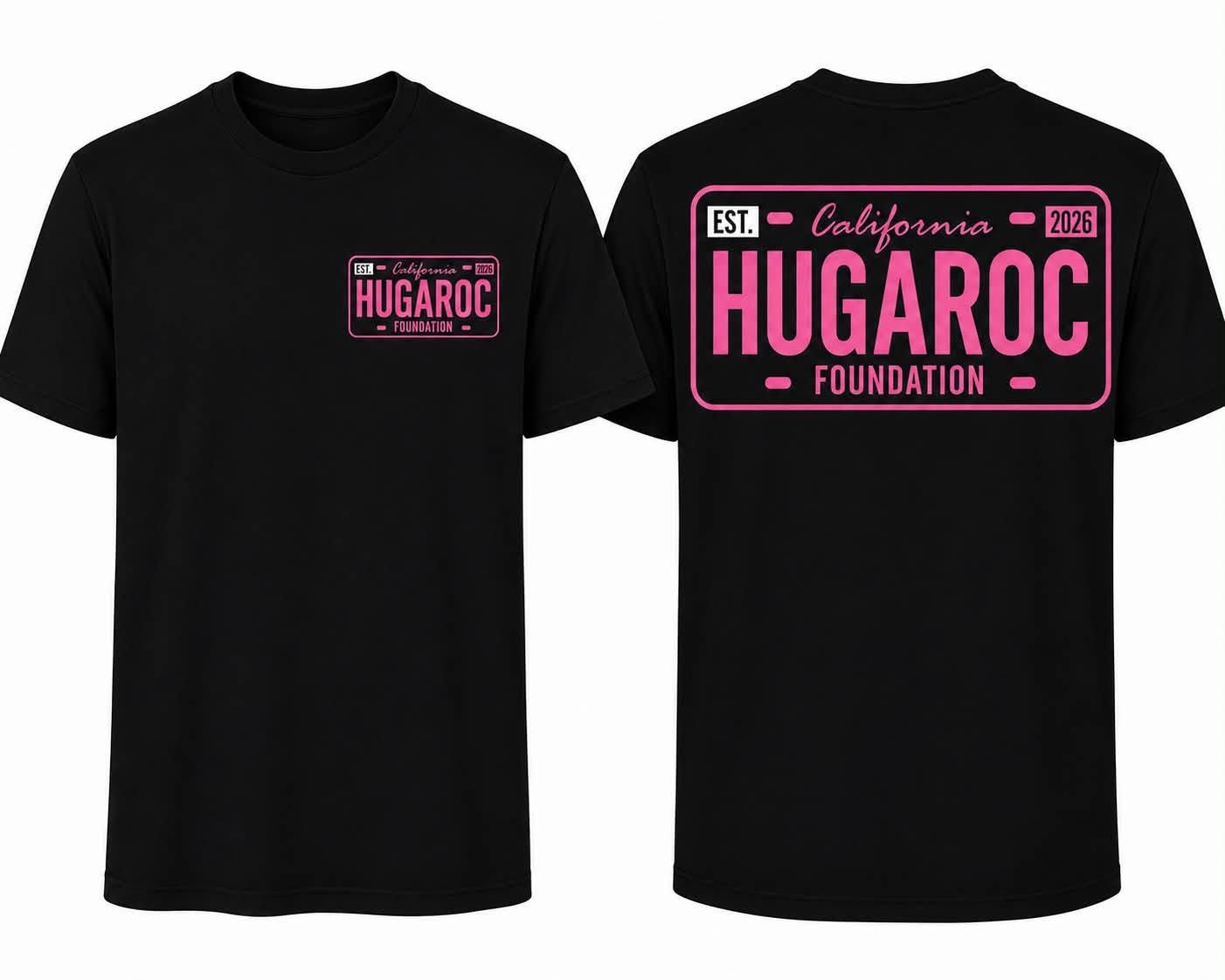 HUGAROC Foundation T-shirt with pink license-plate logo, front and back