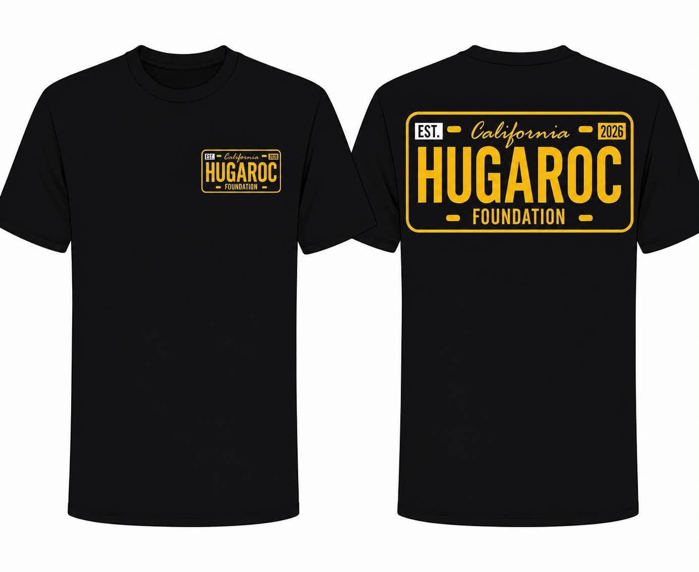 HUGAROC Foundation T-shirt with gold license-plate logo, front and back